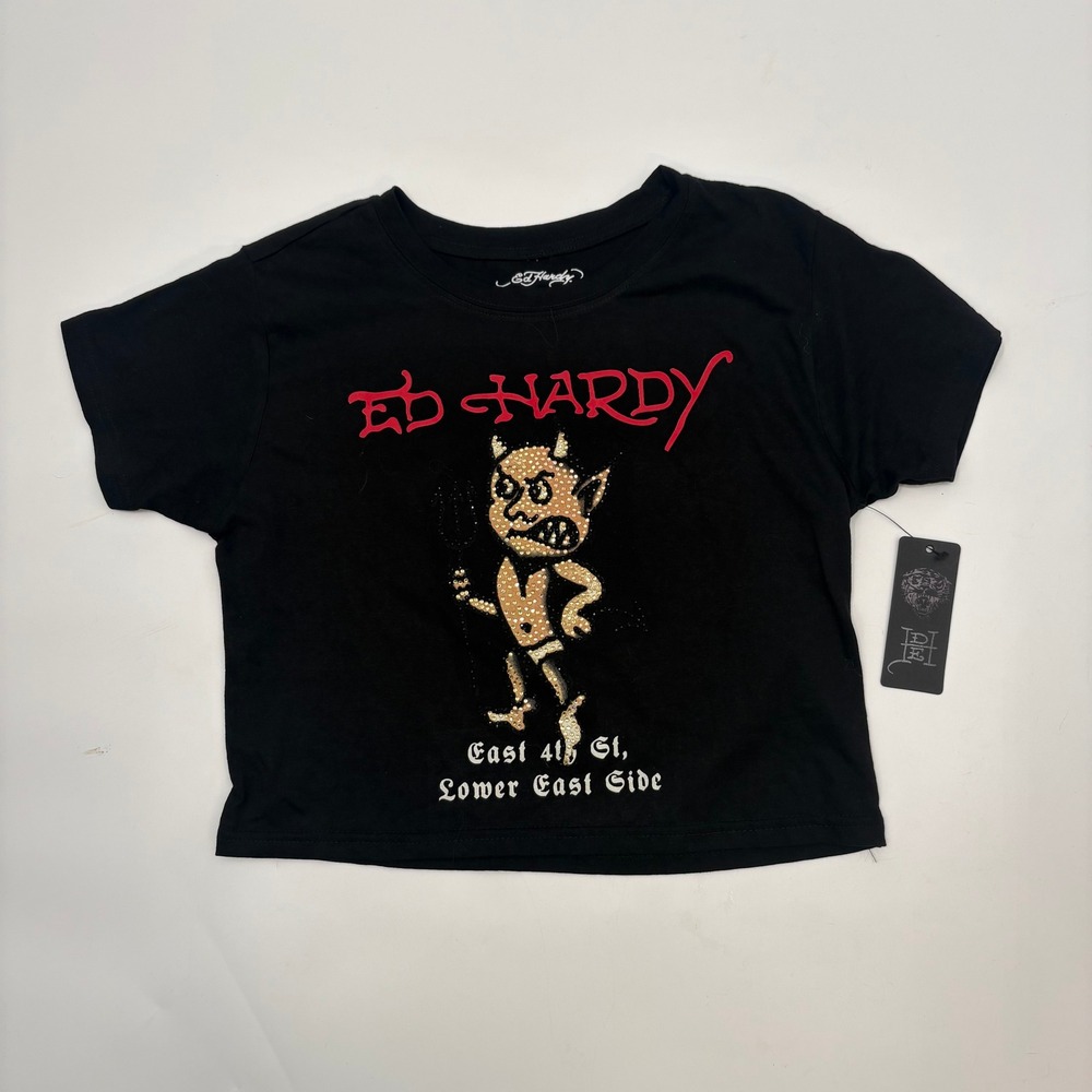 Ed Hardy Womens Size Large Shirt Y2K Top Black Rhinestone Devil Cropped New